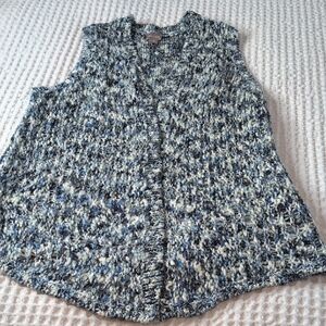 Chico's Blue White Silver Knit Sleeveless Open Front Cardigan